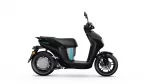 Black Yamaha NEOS scooter shown in profile against a white background, highlighting its sleek body and blue accent.