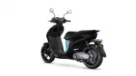 Side view of a black Yamaha NEOS scooter with blue accent and visible engine, rear wheel, and seat.