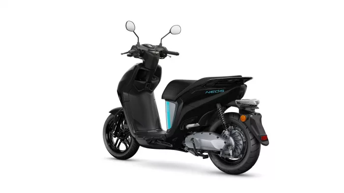 Side view of a black Yamaha NEOS scooter with blue accent and visible engine, rear wheel, and seat.