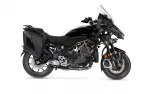 Black Yamaha Niken sport-touring motorcycle with side panniers, isolated on white; front dual-wheel setup visible and glossy black bodywork