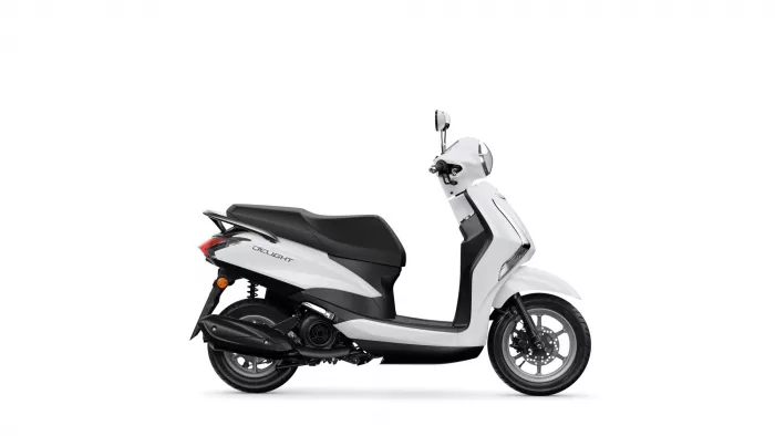 White scooter shown from the left side with a black seat and chrome details against a white background.