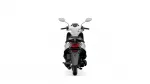 Rear view of a white scooter from behind, showing the seat, taillights, and handlebars.