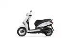 White scooter shown in a side profile, with a black seat and chrome handlebars, labeled 'Delight' on the rear panel