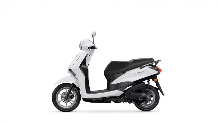 White scooter shown in a side profile, with a black seat and chrome handlebars, labeled 'Delight' on the rear panel