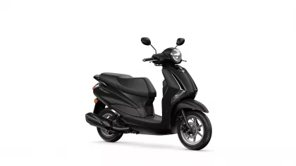 Black modern scooter photographed from a front-right angle, showing the headlight, mirrors, and two-wheeled body on a white backdrop.