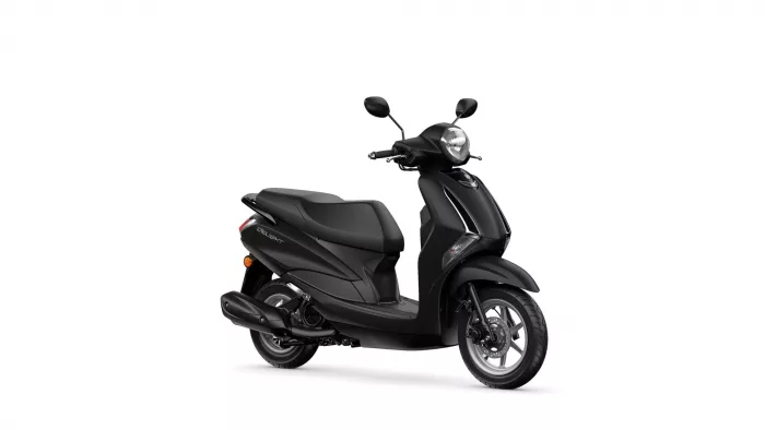 Black modern scooter photographed from a front-right angle, showing the headlight, mirrors, and two-wheeled body on a white backdrop.
