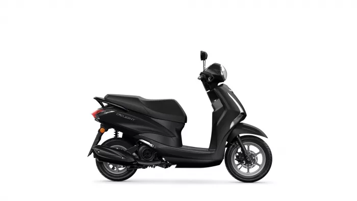 Side view of a sleek black scooter with matte and glossy panels, labeled Delight on the side.