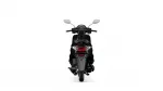 Rear view of a black motorcycle with dual mirrors and red taillight, centered in white space at the back of the bike edge-to-edge view.