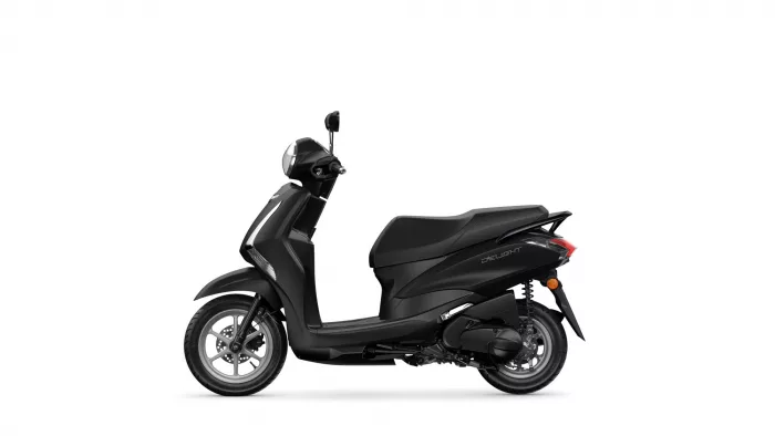Side view of a black modern scooter with a glossy finish and a visible 'Delight' logo on the rear panel.