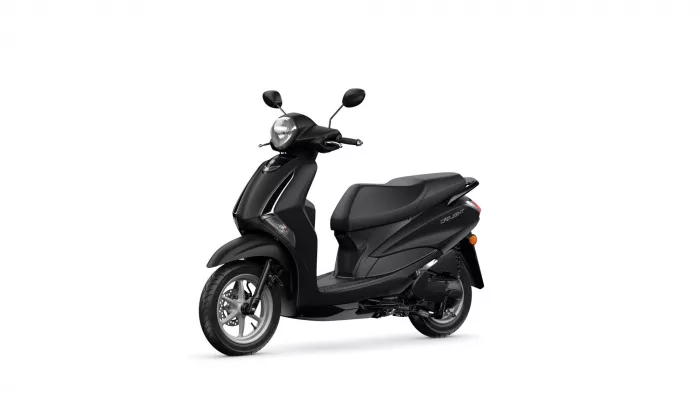 Front-right view of a black scooter with a round headlight and mirrors on a white background