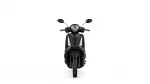 Front-facing view of a black scooter against a white background, showing handlebars and headlight.