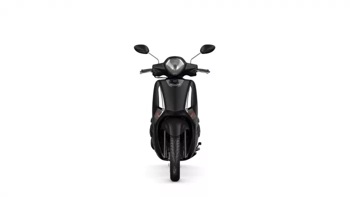 Front-facing view of a black scooter against a white background, showing handlebars and headlight.