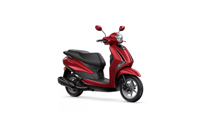 Red scooter shown from a front-right angle with a black seat and prominent headlight