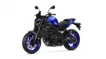 Blue sport motorcycle with black frame and blue accents, shown from a front-side angle with disc brakes visible on the front wheel and blue rims.