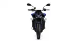 Front view of a blue sport motorcycle facing the camera with black mirrors on a white background.