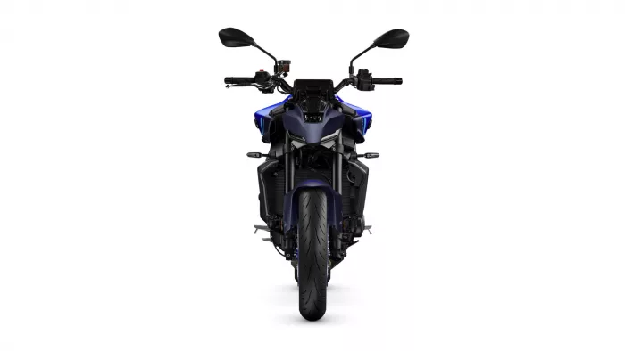 Front view of a blue sport motorcycle facing the camera with black mirrors on a white background.