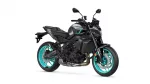 Side view of a modern sport motorcycle with teal turquoise wheels and a dark gray/black body.