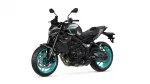 Side view of a black and gray sport motorcycle with teal rims on a white background, highlighting its angular design and exposed engine components.