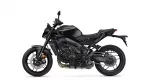 Black sport motorcycle shown in a side profile with visible engine, black bodywork, and disc brakes