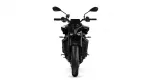 Front view of a black sport motorcycle facing the viewer, with wide front tire and side mirrors.
