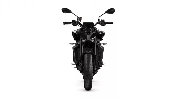 Front view of a black sport motorcycle facing the viewer, with wide front tire and side mirrors.