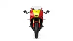 Front view of a red sport motorcycle with a yellow center fairing and black mirrors on either side