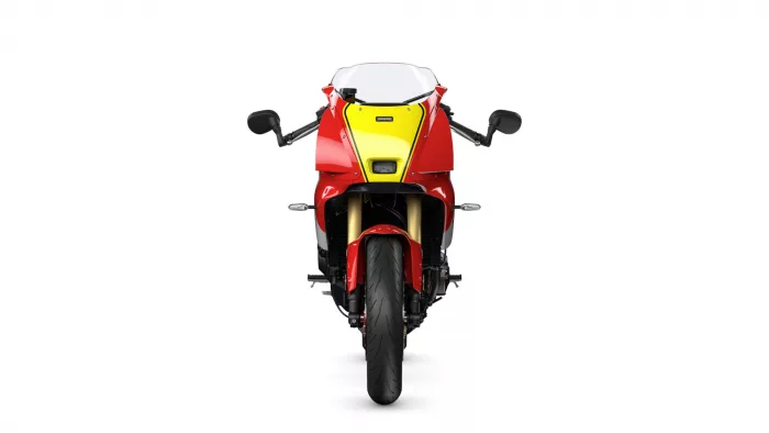 Front view of a red sport motorcycle with a yellow center fairing and black mirrors on either side