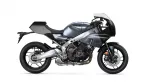Side view of a metallic gray Yamaha XSR900 GP sport motorcycle, showing engine, frame, and front fairing