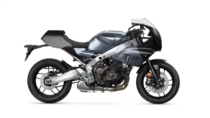 Side view of a metallic gray Yamaha XSR900 GP sport motorcycle, showing engine, frame, and front fairing