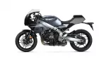 Side profile of a gray Yamaha sport motorcycle (XSR900 GP), showing the exposed engine, silver frame, and rear swingarm.