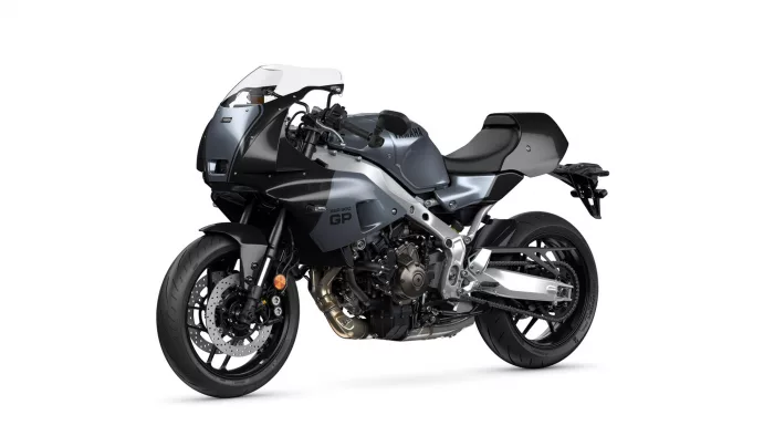 Side view of a gray and black Yamaha XSR900 GP sport motorcycle with exposed frame and aerodynamic front fairing