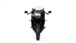 Front view of a black sport motorcycle with a clear windshield, handlebars, and mirrors on both sides.