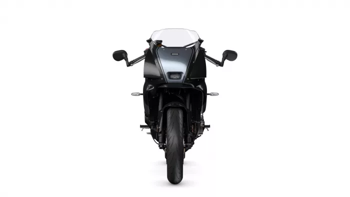 Front view of a black sport motorcycle with a clear windshield, handlebars, and mirrors on both sides.