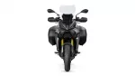 Front view of a gray adventure motorcycle with windshield, side panniers, and gold front forks.
