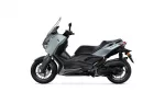 Grey and black Yamaha XMAX scooter shown in side view on a white background, front wheel and exhaust visible.