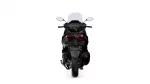 Rear view of a black sport motorcycle with a clear windshield and red taillights