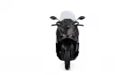 Front view of a black sport motorcycle with a tall clear windshield and angular fairings.