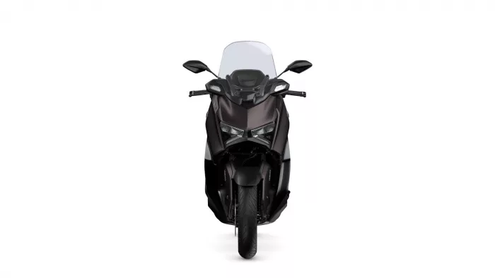 Front view of a black sport motorcycle with a tall clear windshield and angular fairings.