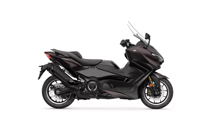 Left-side profile view of a black Yamaha Tmax sport scooter with windshield against a white background