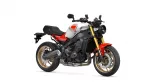 Yamaha XSR900 motorcycle shown from a left-front angle, with white and red fuel tank and gold front forks.