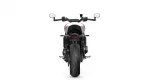 Rear view of a modern sport motorcycle centered on a white background, showing a wide rear tire, red-accented white body, and black seat.
