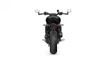 Rear view of a black sport motorcycle, focusing on the wide rear tire and tail section with mirrors visible at the handlebars