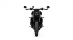 Front view of a black motorcycle showing the headlight, handlebars, and front tire against a white background, centered.