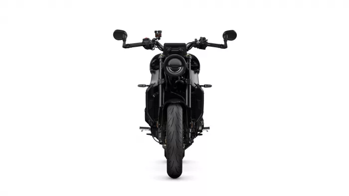 Front view of a black motorcycle showing the headlight, handlebars, and front tire against a white background, centered.