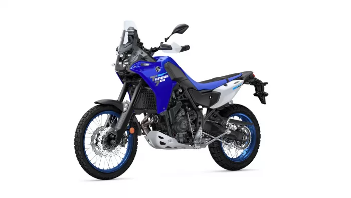 Blue Yamaha Tenere 700 adventure motorcycle, left-front three-quarter view.