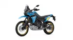 Blue Yamaha adventure motorcycle shown in a side view with gold rims and off-road tires, ready for trail riding.