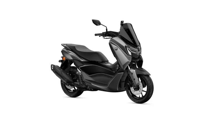 Gray Yamaha scooter shown from a right-front side angle, highlighting the windshield, front fairing, and sleek bodywork.