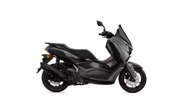 Black Yamaha NMAX scooter shown in side profile with front fairing and disk brakes visible on a white background