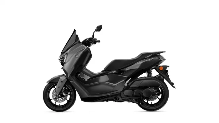 Side view of a sleek black/gray Yamaha scooter with a prominent front fairing and a compact windshield; rider position visible.