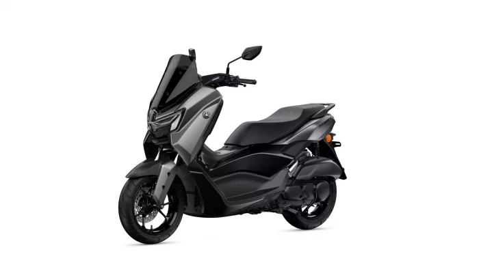 Front-and-side view of a gray and black Yamaha sport scooter with a tall windshield and handlebars visible.